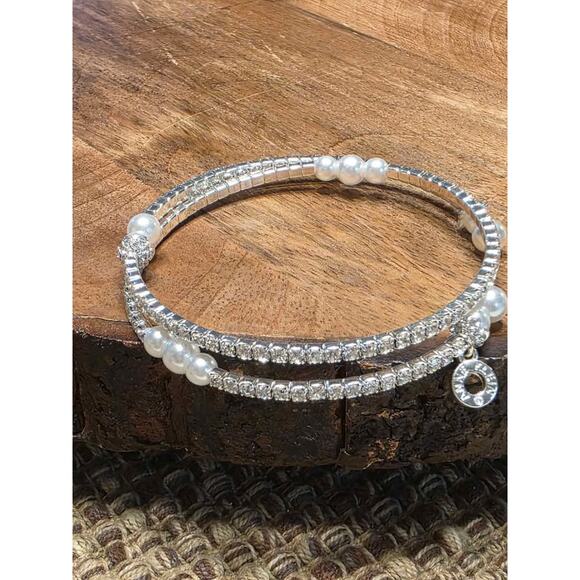 New Macy's Station Anne Klein Imitation Pearl with Crystals Coil Wrap Bracelet - Picture 3 of 4
